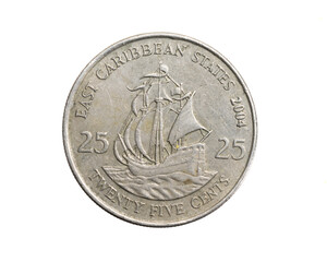 East Caribbean twenty five cents coin on a white isolated background