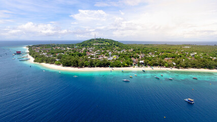 Aerial Gili Trawangan with turquoise water, Tropical island with white sandy beach and blue transparent water