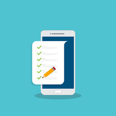 Check list document on smartphone, smartphone with paper check list and to do list with checkboxes, concept of survey, online quiz, completed things or done test, feedback.