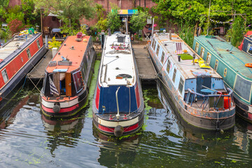 Row of narrow boats at Lisson Grove mooring site in London