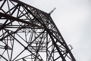 High-voltage power line tower view from below