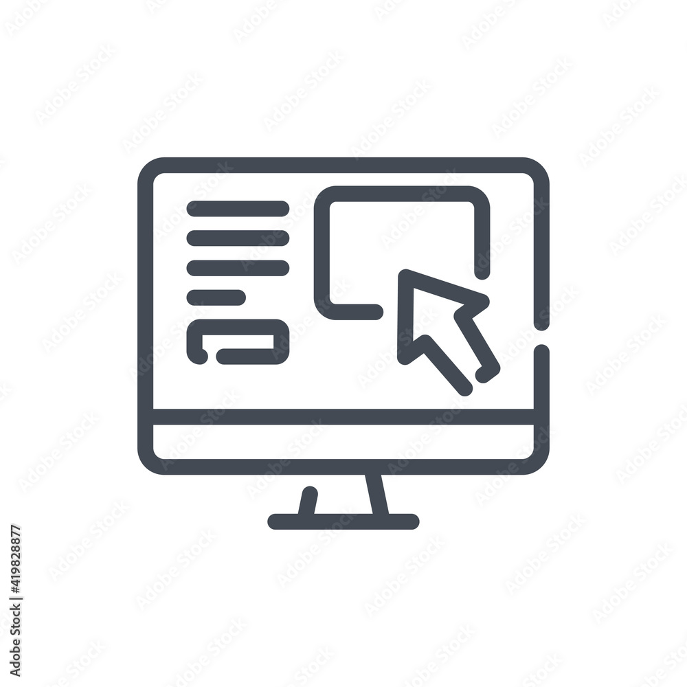 Poster product selection on the site line icon. computer with website vector outline sign.