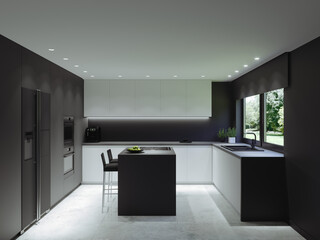The kitchen is in the style of minimalism. Modern design of a black kitchen with an island. 3d rendering