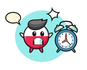 Cartoon illustration of poland flag badge is surprised with a giant alarm clock