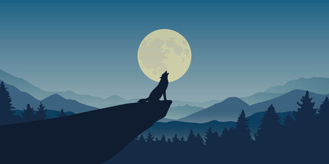 wolf howls at full moon blue nature landscape © krissikunterbunt