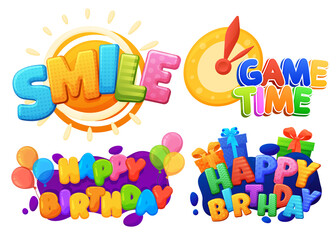 Happy birthday, Smile, Game time sign. Color inscription logo, game area, bubble rainbow letters. Bright, vector inscription on a white background