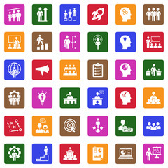 Business Training Icons. White Flat Design In Square. Vector Illustration.