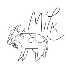 A simple black and white line drawing with a cow and the word Milk. Monochrome vector illustration