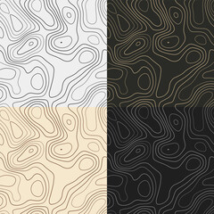 Topography patterns. Seamless elevation map tiles. Attractive isoline background. Powerful tileable patterns. Vector illustration.