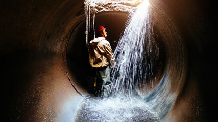 Sewer tunnel worker examines sewer system damage and wastewater leakage - obrazy, fototapety, plakaty