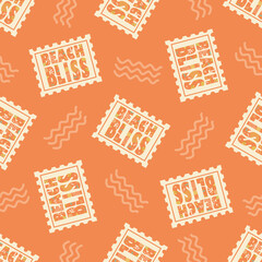 Beach bliss typography vector seamless pattern background.Tropical monochrome orange backdrop with decorated text on stamp shapes and doodle waves. Repeat for summer travel, vacation resort concept