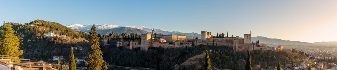 Panoramic view of arabic fortress Alhambra at the evening in Granada, Spain