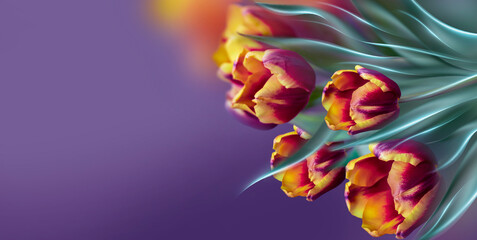 Fototapeta na wymiar Spring floral violet background with yellow-red tulips. Background for a greeting card. 