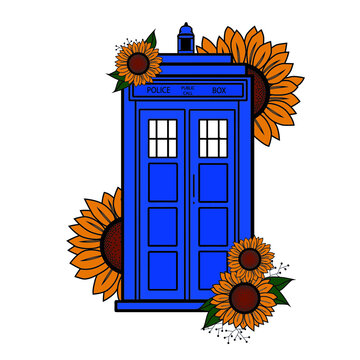 Doctor Who vector illustration blue police call box. Tardis with sunflower