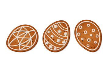 Realistic Easter eggs in the form of gingerbread with white icing. Isolated vector objects on a white background. 