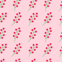 Seamless illustration with a branch of red berries on a pink background.