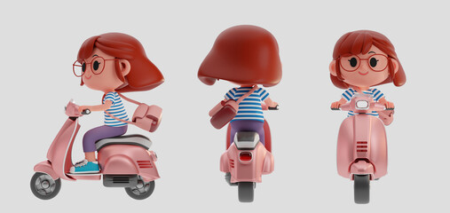 3d render illustration of cute women, girl character carrying bag riding on a scooter , motorcycle in different view, front, side, back