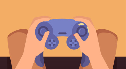 Top view of hands holding video console gamepad, flat vector illustration.