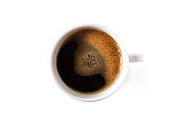 Hot coffee cup isolated on white background. Top view