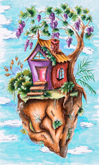 Fantastic flying island with house in the sky. Hand painted illustration.