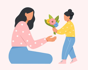 A beautiful mother receives a bouquet of flowers from her daughter. Happy Mother's Day. Flat vector illustration.