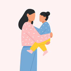 Beautiful woman holding her baby in arms. Happy Mother's day. Flat vector illustration.