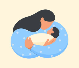 Beautiful woman holding her cute baby in arms. Happy Mother's Day. Flat vector illustration.