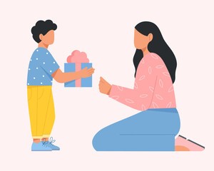A beautiful mother receives a gift from her cute son. Happy Mother's Day. Flat vector illustration.