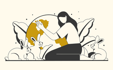 Young girl hugging planet with cute hares. Concept of environmental protection and nature care. World Wildlife Day, Earth Day, Green Day concept. Flat vector illustration.