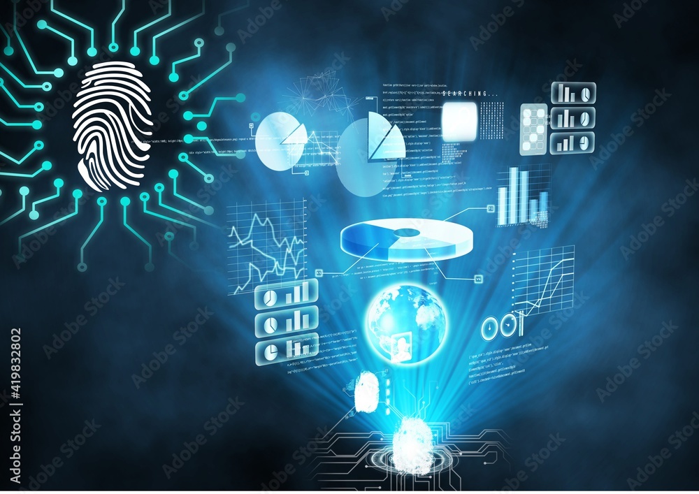 Poster fingerprint biometric scanner over digital interface with data processing against blue background