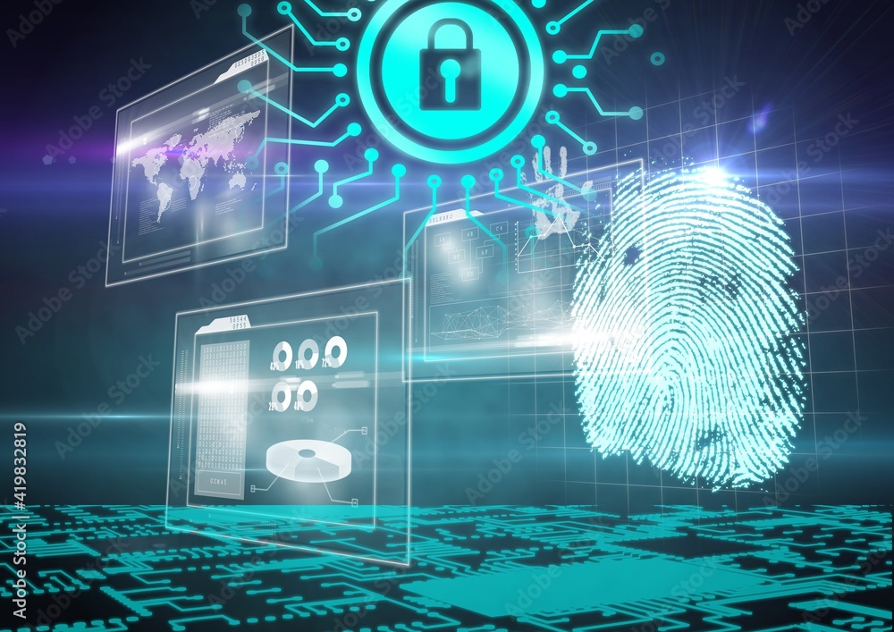 Aufkleber fingerprint biometric scanner and security padlock against digital interface with data processing
