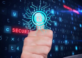 Human thumb over biometric scanner against cyber security data processing on blue background