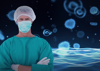 Portrait of male surgeon wearing face mask against covid-19 cells and blood vessels