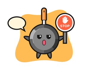 Frying pan character illustration holding a stop sign