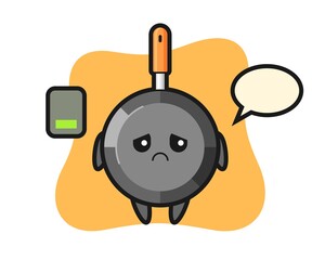 Frying pan mascot character doing a tired gesture