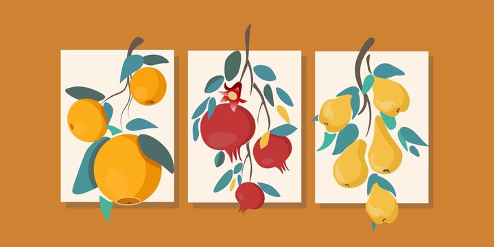 Vector triptych. Pomegranates, pears, oranges. Stylized fruits and leaves. Home decor. Yellow, green, red. Postcards, pictures, textiles. Background.