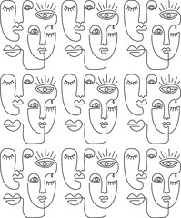 Abstract faces line minimalistic vector pattern illustration. Black and white. White background. One line drawing.