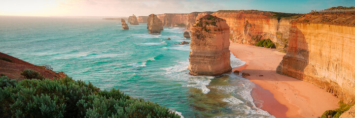 Twelve Apostles at the Great Ocean Road in Australia at sunset - Panorama - 419833489