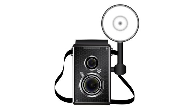 Retro photo camera with neon lines. Animation on a white and blank background.