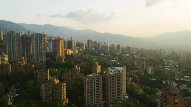 Beautiful Sunset Aerial View of El Poblado Neighborhood in Medellin, Colombia