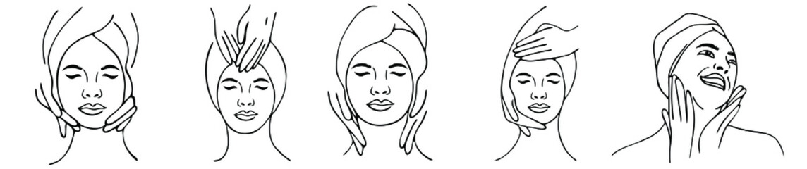 Spa center service flat vector illustrations set. Portraits of visitors of beauty salons. Outline icons.Facial masks.