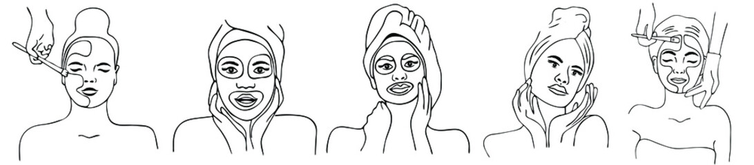 Spa center service flat vector illustrations set. Portraits of visitors of beauty salons. Outline icons.Facial masks.