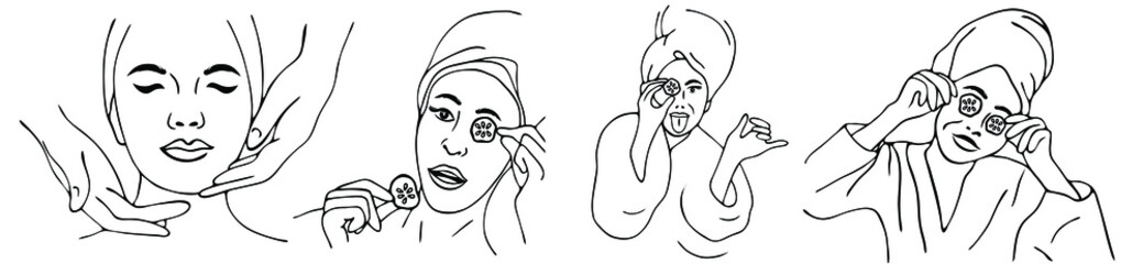 Spa center service flat vector illustrations set. Portraits of visitors of beauty salons. Outline icons.Facial masks.