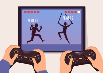 Two player fight game screen and hands holding gaming joysticks © sabelskaya