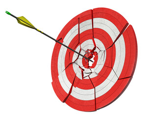 Arrow hits the target and breaks it apart, 3d illustration