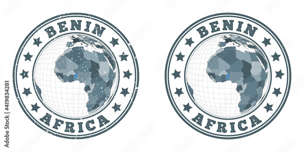 Poster benin round logos. circular badges of the country with a map of benin in a world context. plain and 
