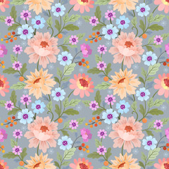 Seamless retro floral pattern, cute flowers, and leaves on a grey background.