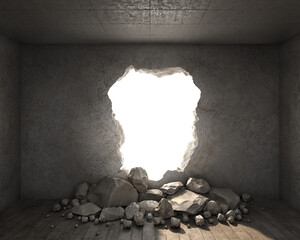 Destroyed concrete wall with a hole and the fallen stones, 3d illustration - obrazy, fototapety, plakaty