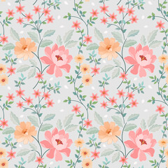 Seamless retro floral pattern, cute flowers, and leaves on a grey background.