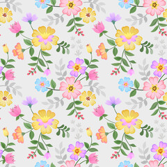 Fototapeta na wymiar Seamless retro floral pattern, cute flowers, and leaves on a grey background.